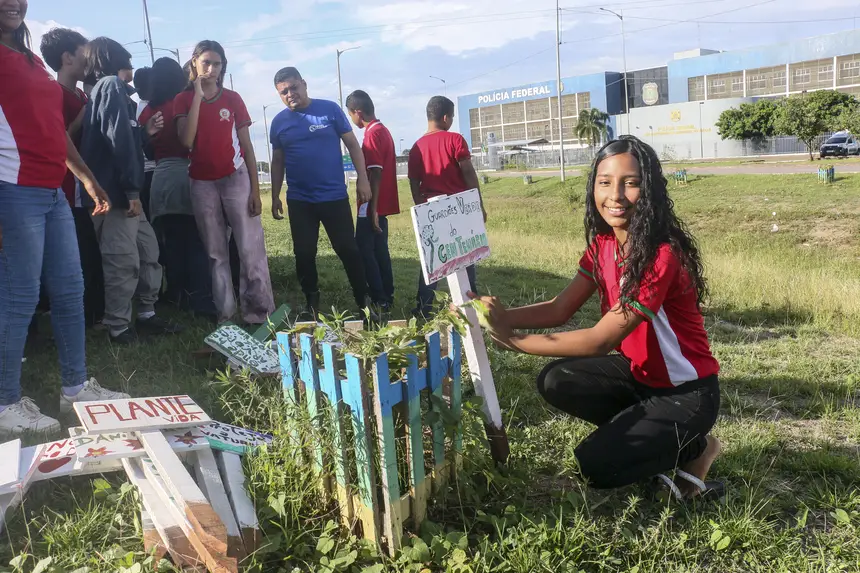 Estudantes do Projeto Guardiões Verdes colocam placas de identificação nas plantas da Rodovia do Centenário 